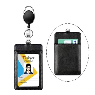 5Pcs Retractable Reel Lanyard Neck Strap + Leather Id Card Badge Holder 2  Slots