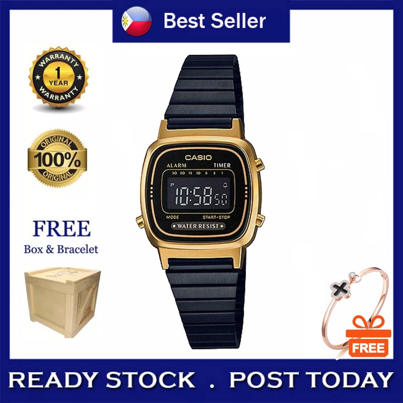 FREE BRACELET Gift Casio Vintage LA670WEGB 1B Black Stainless Steel Digital Watch for Women