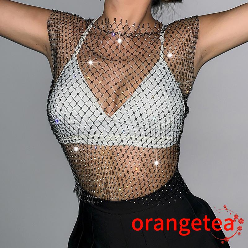 ORT-Women Rhinestone Mesh Tank Top, Sleeveless Crew Neck/V-neck Shiny ...
