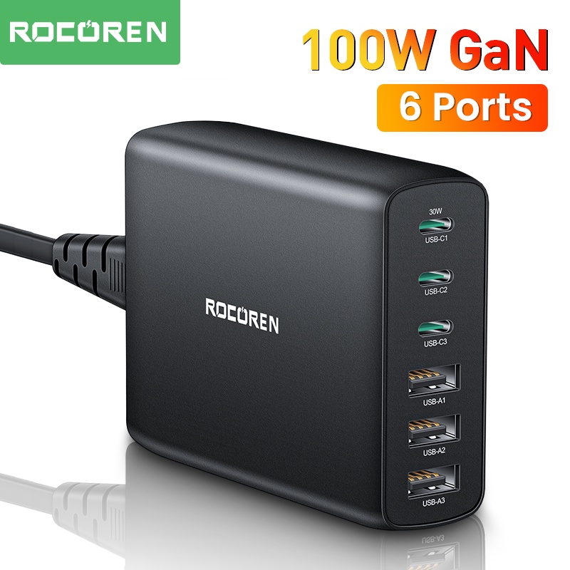 Rocoren 100W GaN Charger Ports USB Type C PD Fast Charger Quick Charge  USB Desktop Charger For iPhone 14 13 Pro Xiaomi