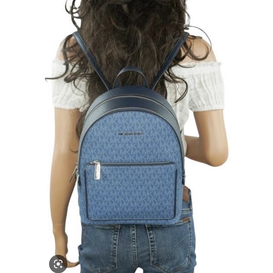 Michael Kors Adina Medium Backpack Dark Chambray Blue Mk Leather Pvc Logo