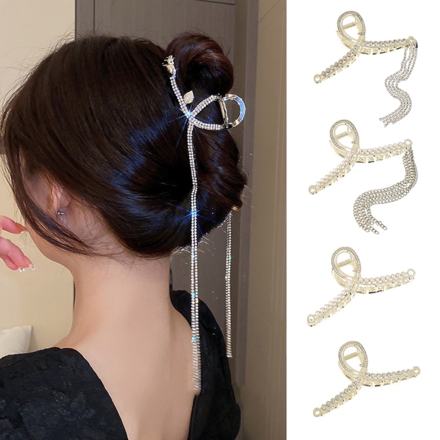Korean Metal Pearl Rhinestone Tassel Hair Clip Flower Crystal Chain