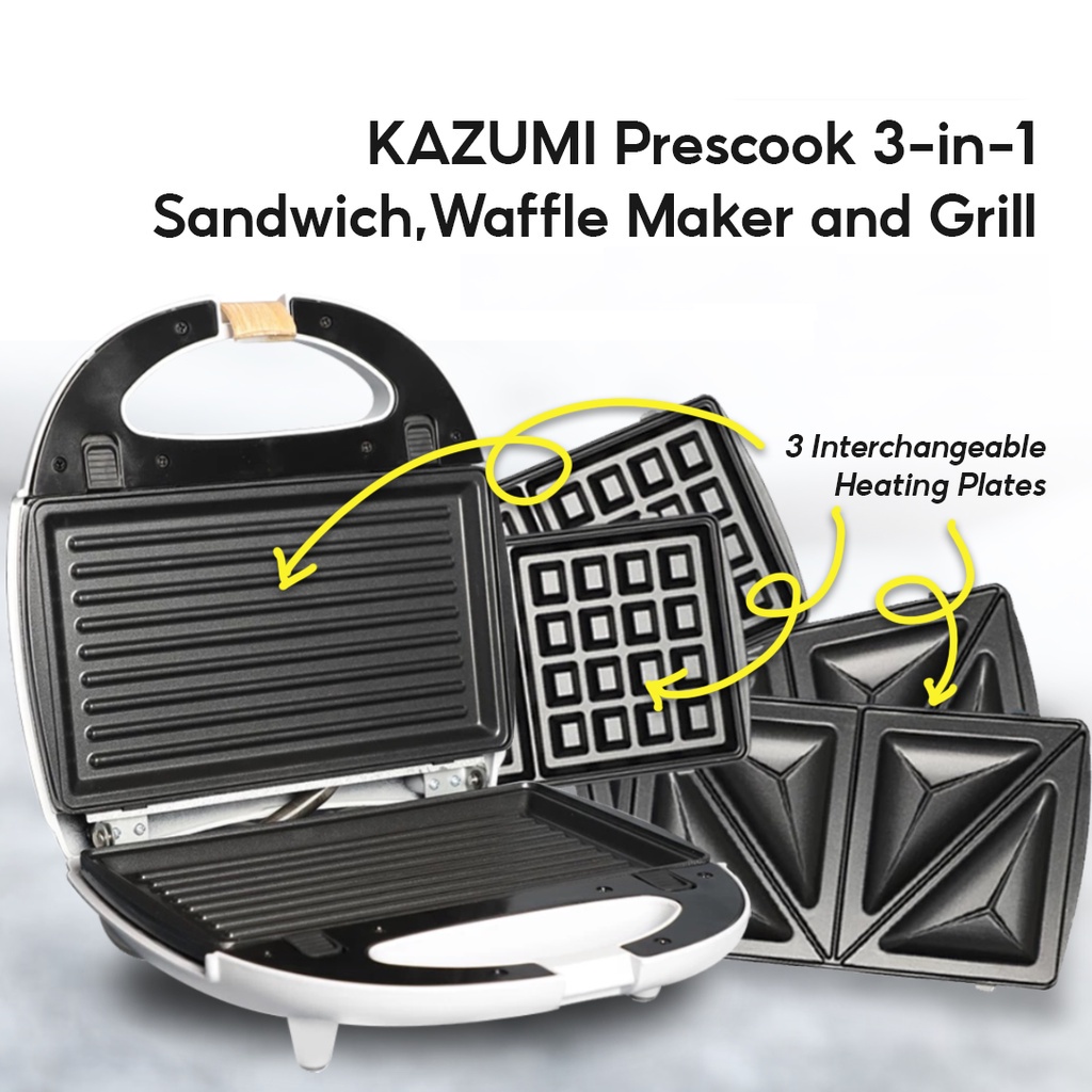KAZUMI Prescook 3in1 Sandwich, Waffle Maker and Grill White