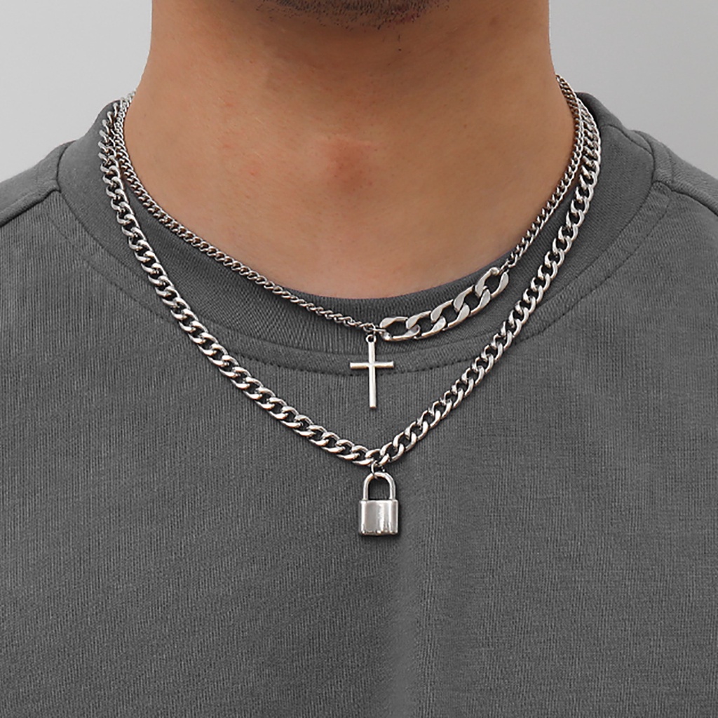 Pcs/Set Layered Chain With Cross/Lock Pendant Necklace for Women/Men Punk  Choker Necklaces on Neck 2022 Fashion Jewelry