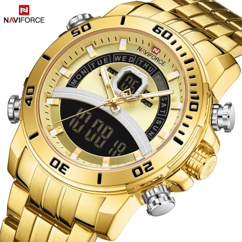 NAVIFORCE Gold Men Watch Sport Fashon Stainless Steel Date Week ...