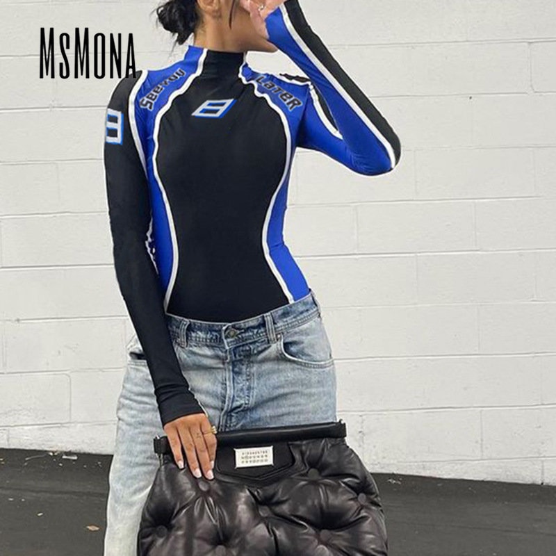 MsMona Women's 2022 Fashion Contrast Color High Collar Long Sleeve