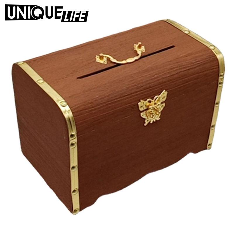[Unique Life] Wooden Piggy Bank w/ Lock Vintage Treasure Chest Storage