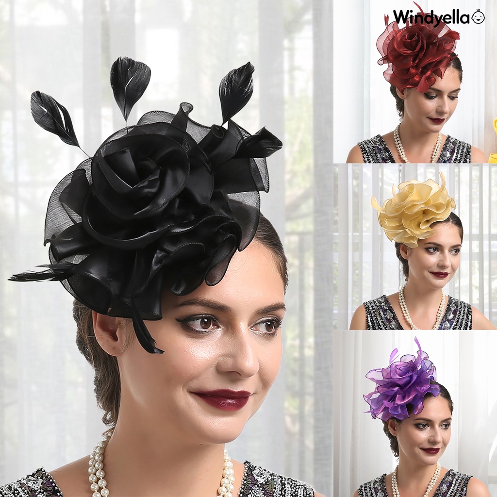 CDW Faux Feather Mini Fascinator Hat Net Yarn Flower Shape Solid Color ...