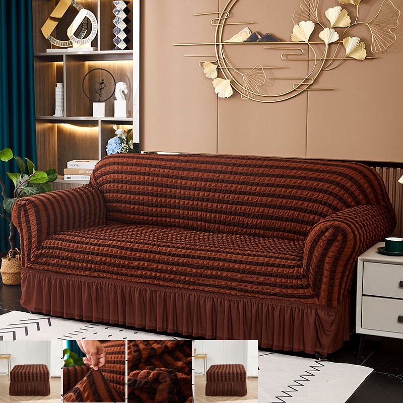 1/2/3/4 Seater Striped Couch Seersucker Skirt Sofa Cover Removable ...