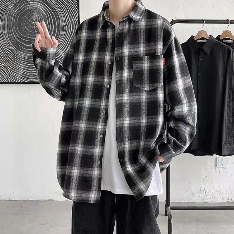 Korean plaid long sleeves shirt for men oversize checkered polo Blouse ...