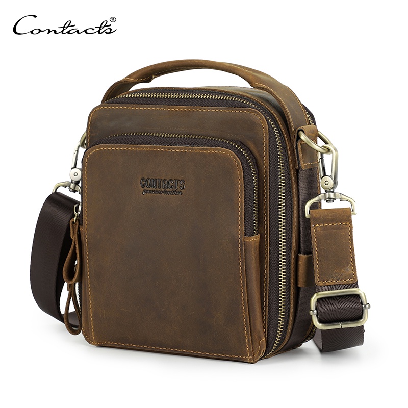 CONTACT'S Men Small Messenger Bag Genuine Leather Crossbody Bag Male Travel  Tote Handbag Casual Shoulder Bag