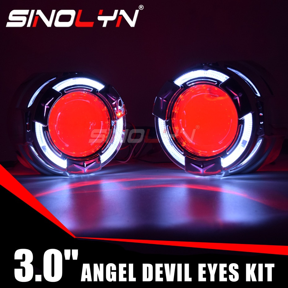 SINOLYN HID Bi-Xenon Lens Headlight Projectors With LED Angel Eyes – H4/H7 Retrofit Kit, Custom Devil Eye Colors