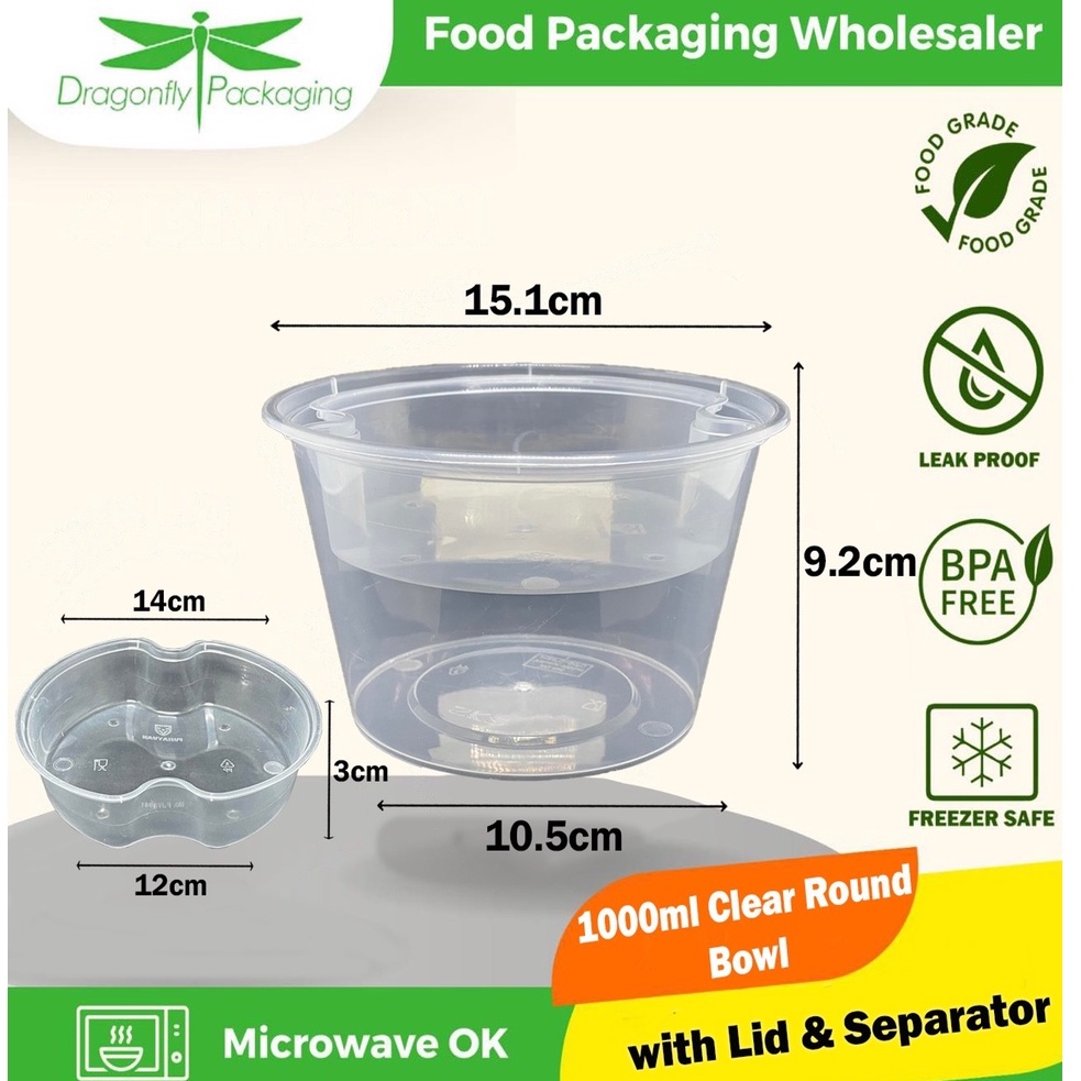 1000ml Clear Round Microwavable Container with Liner Separator 300pcs ...