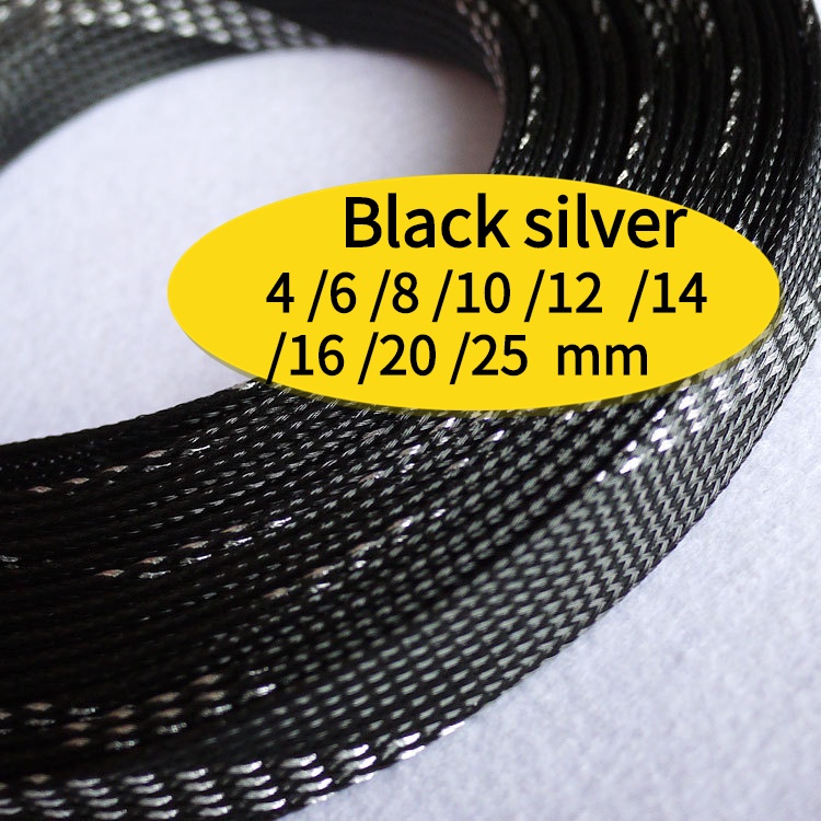 Black silver 1M 4-25mm Tight High Density Braided PET Expandable Cable ...