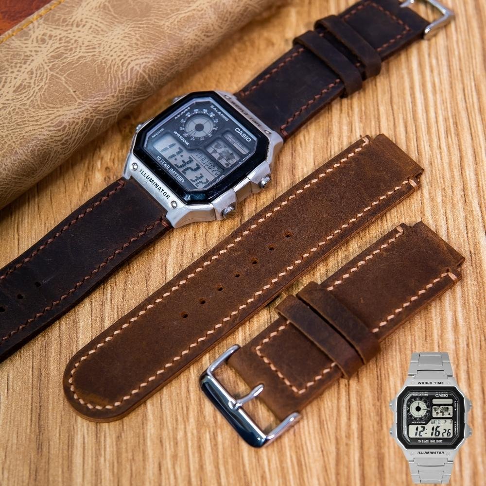 Casio AE1200 WHD Watch Leather Strap With Crazy Horseswax Leather With