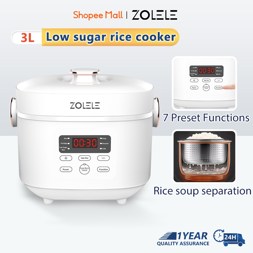 Zolele Rice Cooker 3L Low Sugar Standard Household Multi Smart Cookre NonStick ZB500 Smart Rice