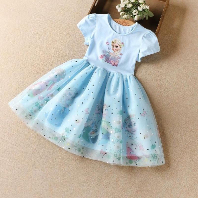 Frozen Elsa print blue princess dress for girls kids | Shopee Philippines