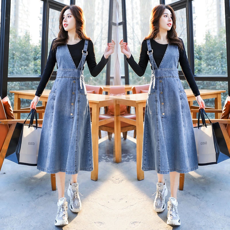 Female long denim overall suspender skirt dress best sale