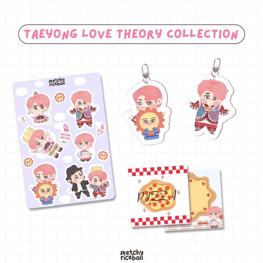 taeyong love theory collection sticker sheet, acrylic keychains, and memo pad by sketchyriceball