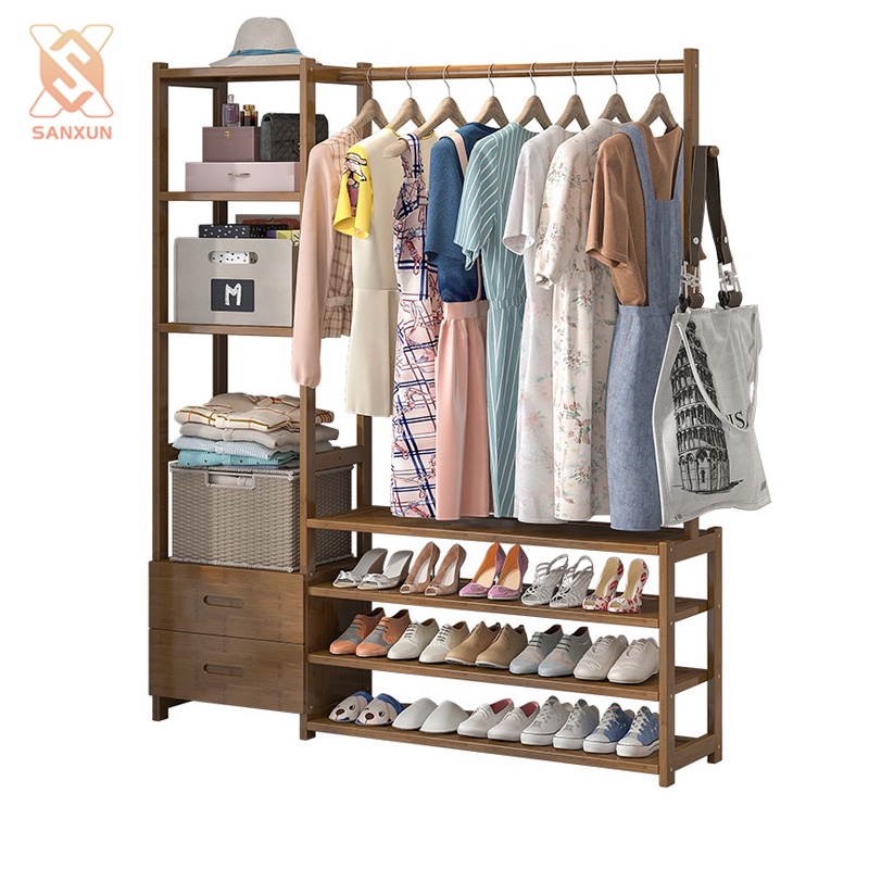 Sanxun Clothes Hanger Rack Floor Wardrobe Bamboo Clothes Rack
