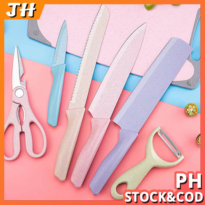 6pcs Kitchen Knife Macaron Color Straw Knife Cleaver Scissors Kitchen ...