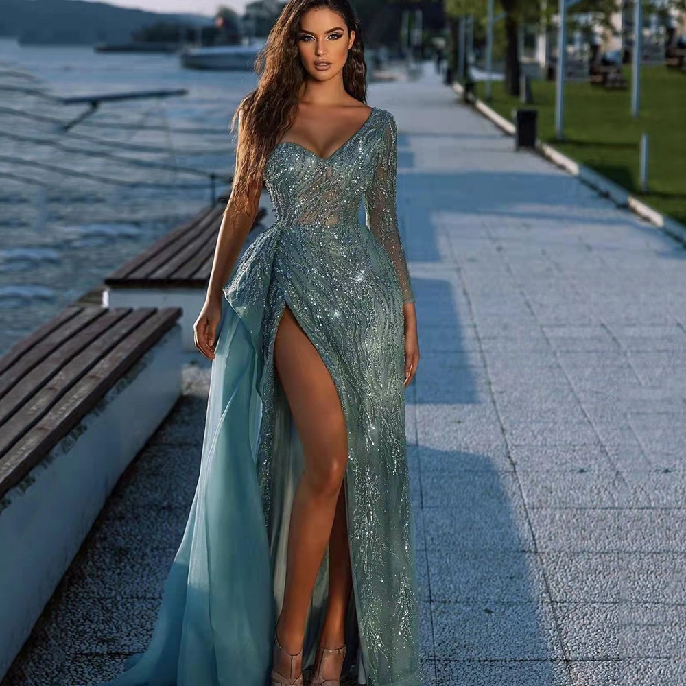 Europe and America long skirt sexy sleeveless sequin mesh stitching banquet evening dress dew backpack hip fishtail mopping dress