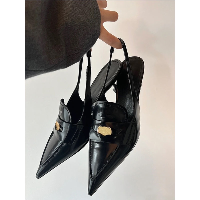Ready Straw miu Home Gold Coin Pointed Toe Cat Heel Sandals Women 2022