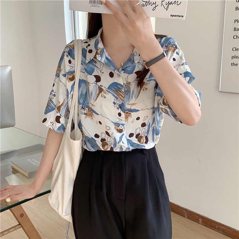 【24H delivery】QIEQING short sleeve blouse for women printed casual ...