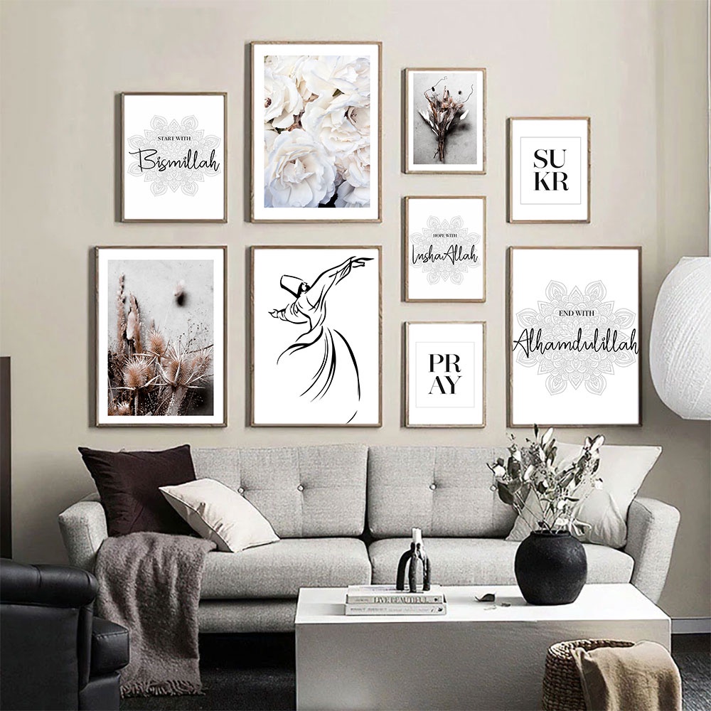 Nordic Islam Poster Dry Bouquet White Roses Art Print Sukr Sabr Canvas ...