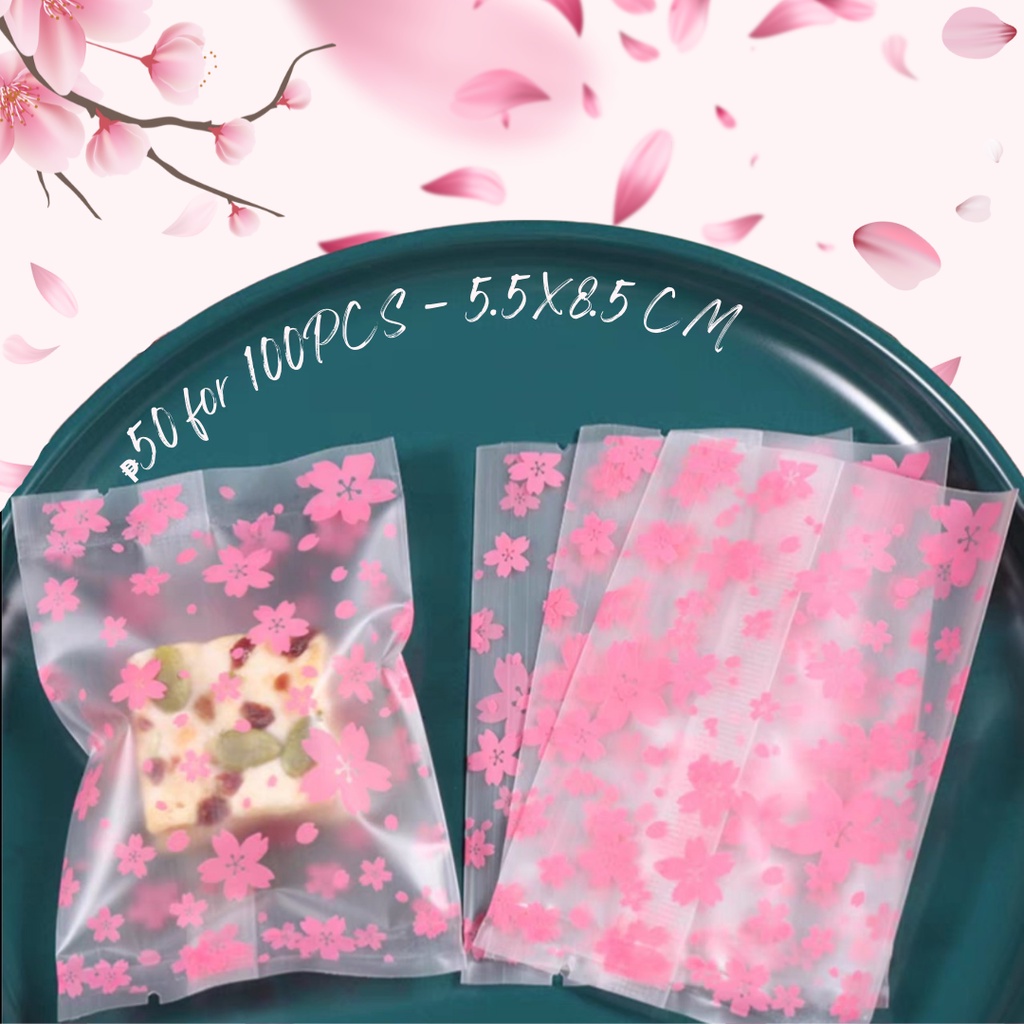 FP1540 (100pcs) 5.5x8.5 CM Pink Sakura Cookie Bag Candy Sealing Pastry ...