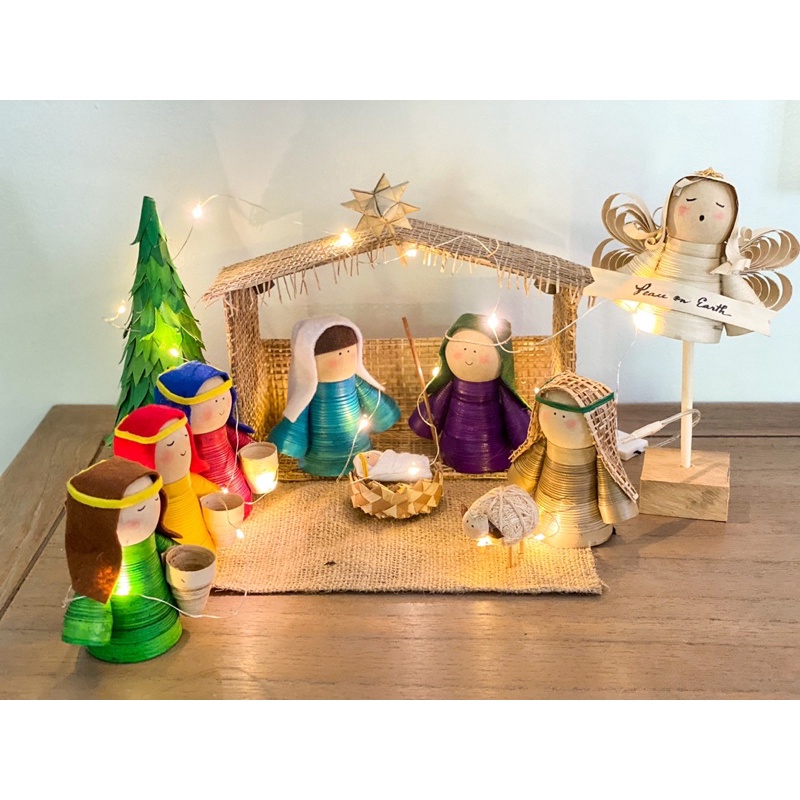 Nativity Set Belen Handmade Natural Materials with lights and box ...