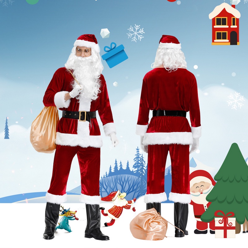 6pcs/lot Christmas Santa Claus Costume Attached Hat Men Cosplay Fancy Dress In Christmas For Adults Suit 3XL-6XL | UK - Foto 4