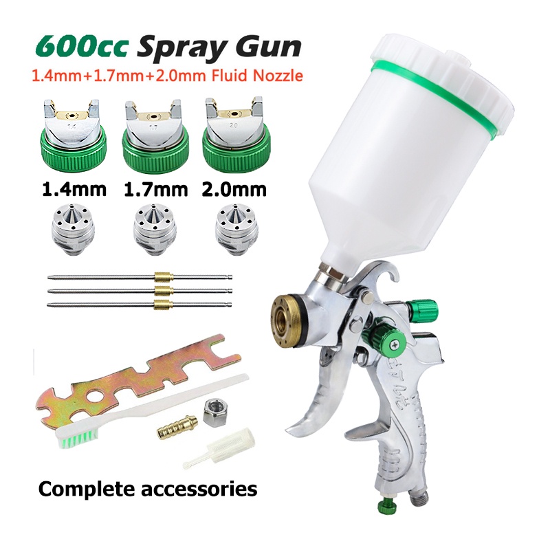 600cc Gravity Paint Spray Gun With 1.4/1.7/2.0mm Fluid Nozzle HVLP