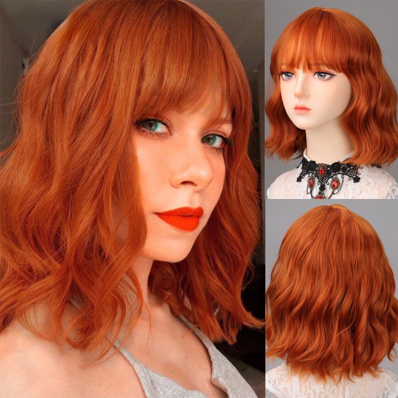 Synthetic Wine Red Orange Wigs with Bangs Wave Short Heat Resistant