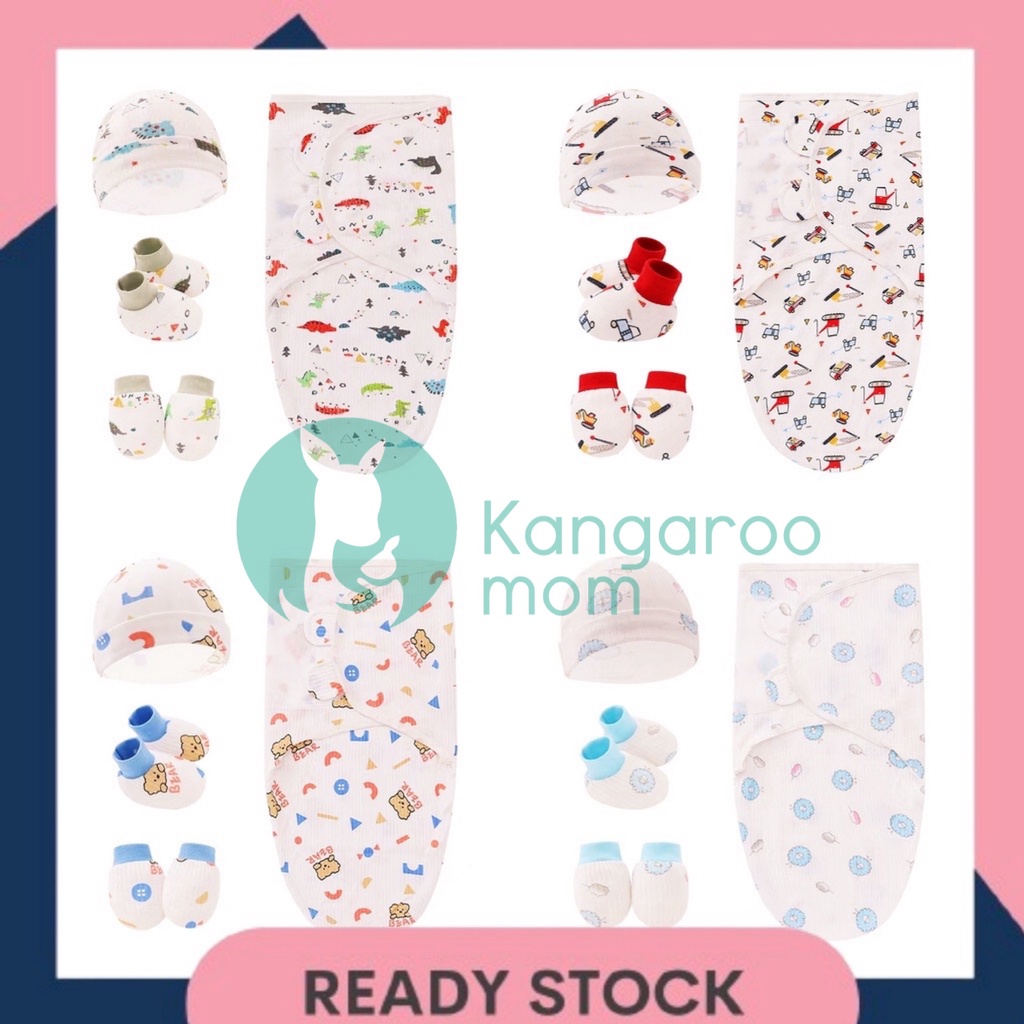 4pcs Baby Newborn Swaddle Receiving Blanket with Cap Cotton Wrapped