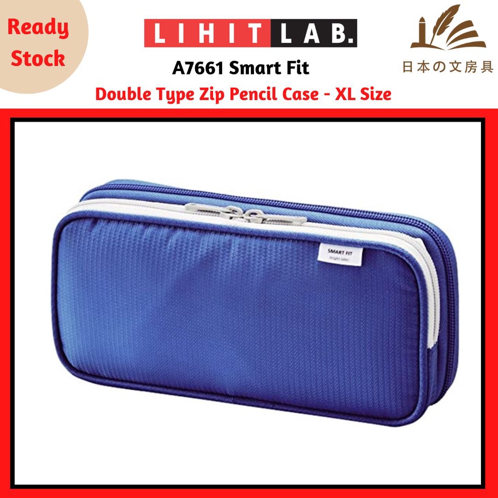 LIHIT LAB A7661 Smart Fit Double Type Zip Pencil Case XL Size Blue