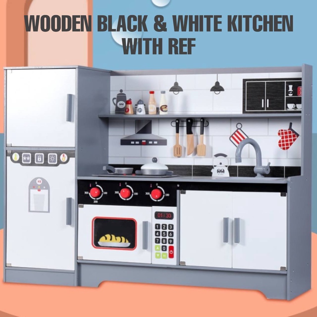 Wooden Black & White Kitchen with Refrigerator Pretend Play Set for ...