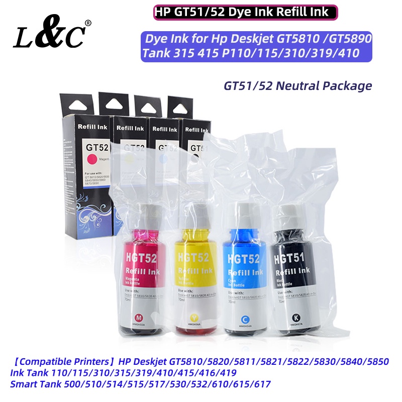 L&C GT51 GT52 1Set BKCMY for Hp Ink 70ml Compatible Deskjet GT5810 5820 ...