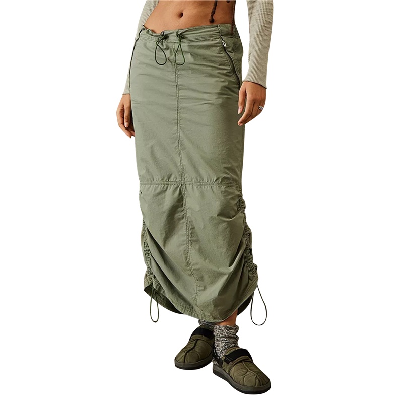 Cargo Skirt y2k Aesthetic Elastic Drawstring Ruched Long Skirt with Pockets 2000s Women Harajuku