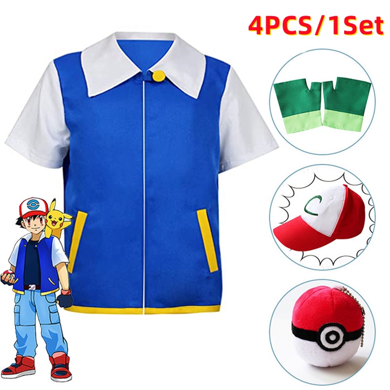 Pokemon Ash Ketchum Adult Kids Cosplay Costume Jacket Gloves Hat Set  Trainer Halloween Hoodie