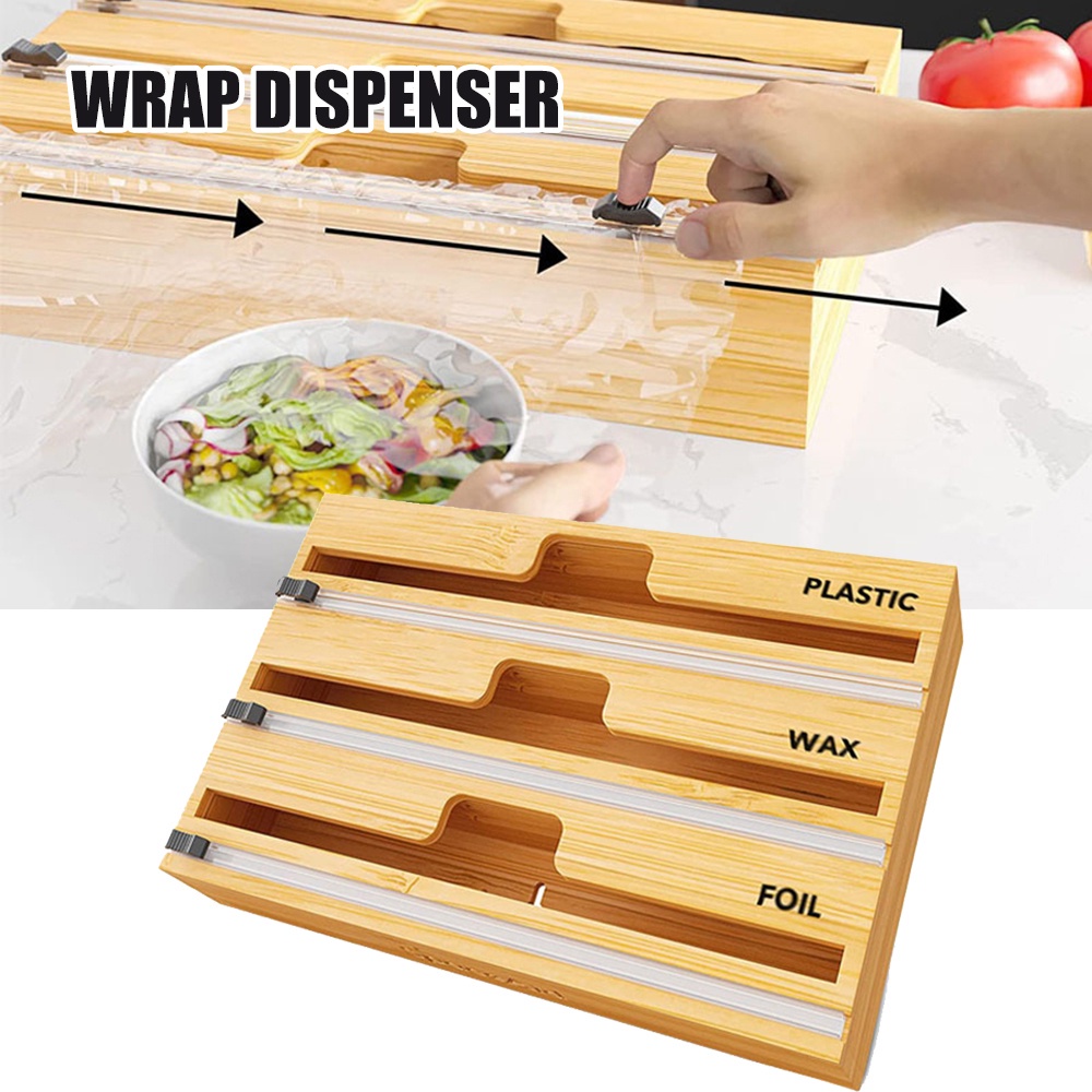 1/2/3 Layers Cling Plastic Wrap Dispenser With Cutter Bamboo Aluminum
