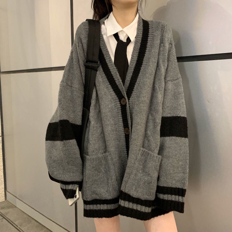 COD Ready Stock Deeptown Grey Preppy Fashion Stripe Knitted Oversize Cardigan Sweater Women Korean Style Harajuku Pockets Jumper Female Tops sweater long sleeve cardigan Shopee Philippines
