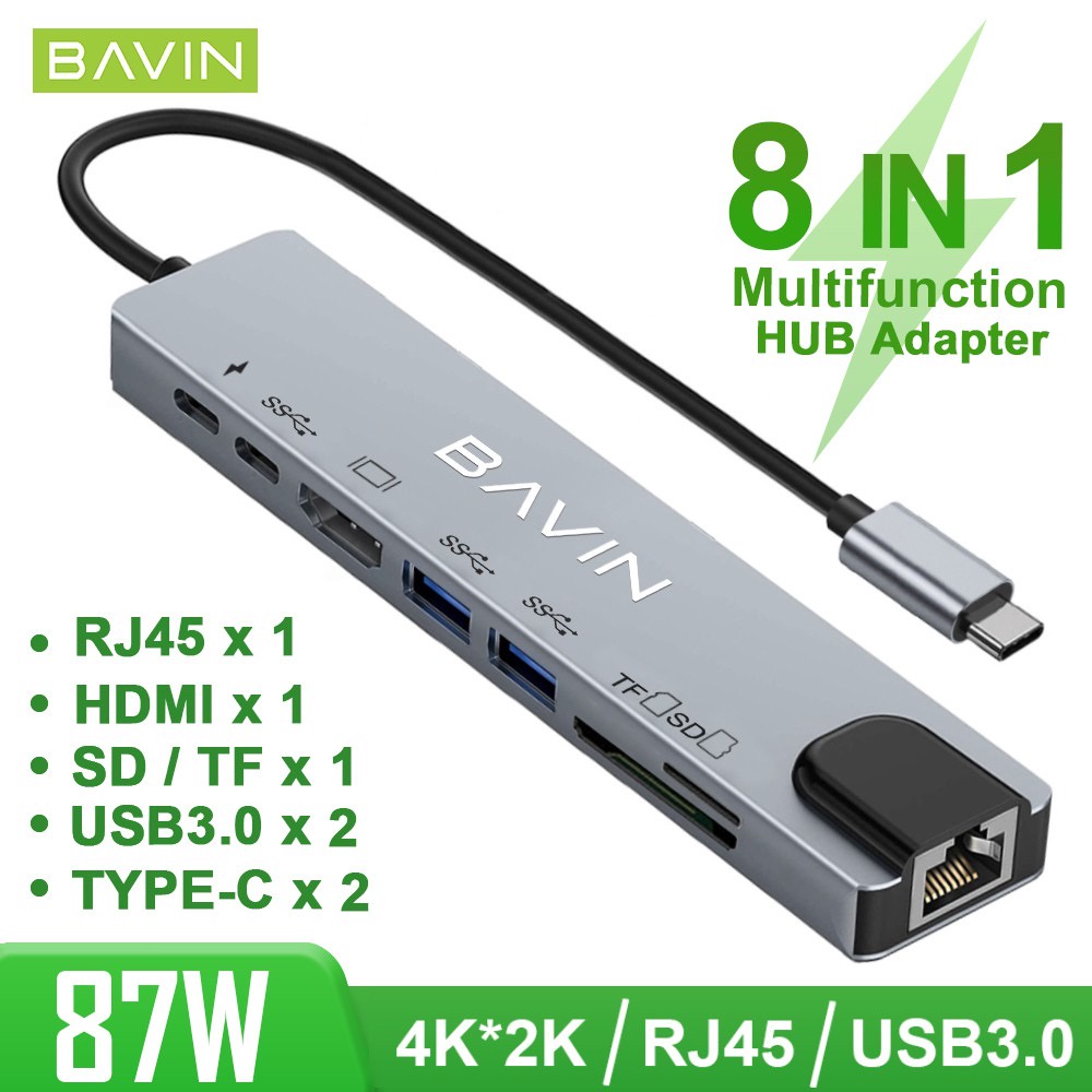 BAVIN I4 8 in 1 Type-C Adapter w/ Rj45 Port /4K HDMI Port /2x USB 3.0 ...
