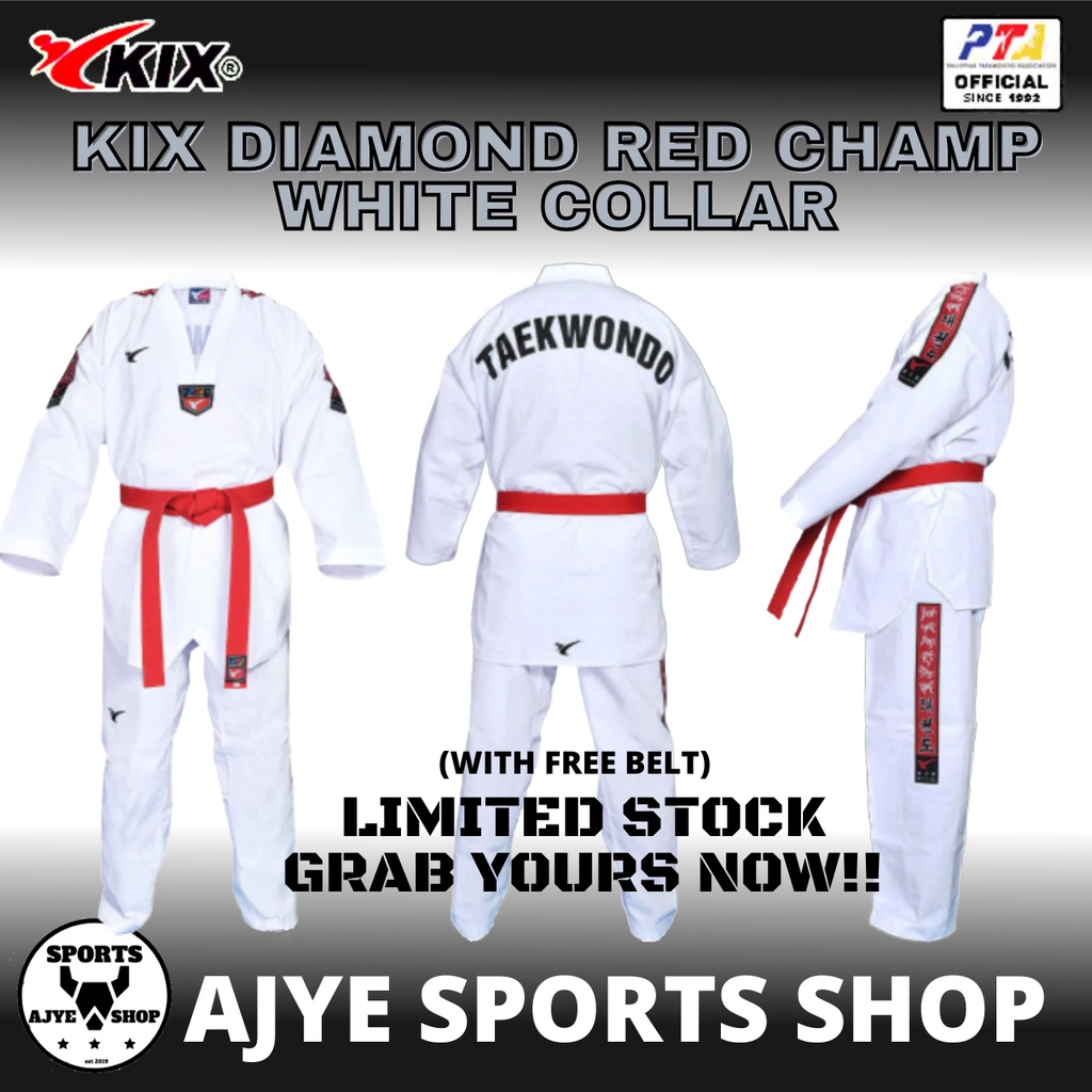 KIX TAEKWONDO UNIFORM RED CHAMP WHITE COLLAR FREE COLOR BELT Shopee Philippines