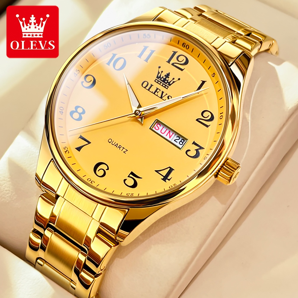 Olevs Watch For Men Quartz Original Waterproof Gold Sliver Calendar Digital Face Mens Watches 5343