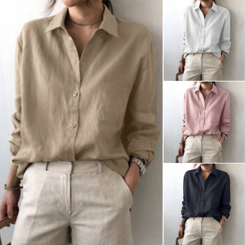 Women's Loose Casual Blouse Shirt Plus Size Long Sleeve Solid Color ...