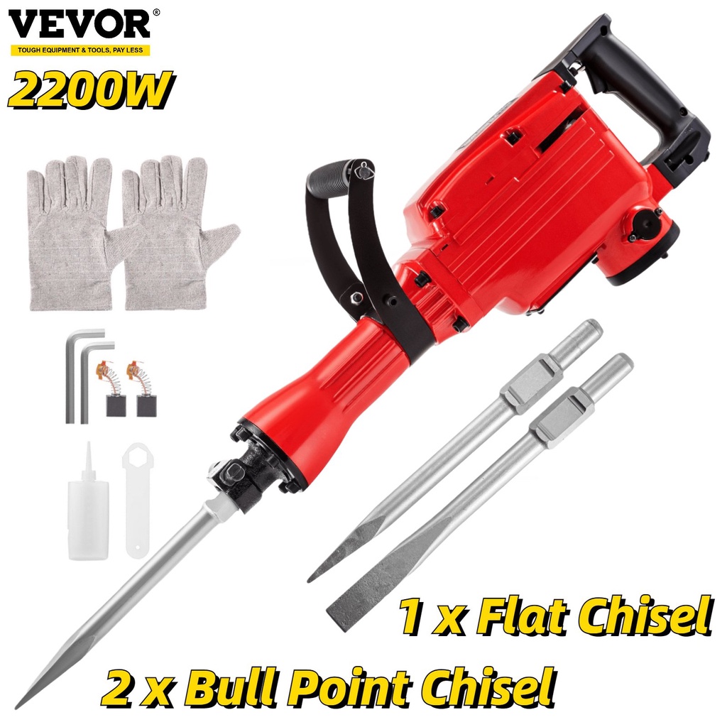 VEVOR 2200W Electric Demolition Jack Hammer Drill with 3 Chisels Heavy
