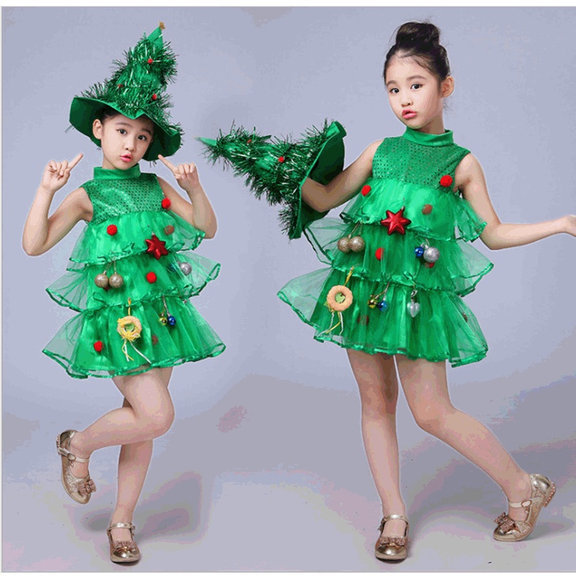 (Dress+ Hat)Christmas Children's Costume Girls Christmas Tree Dress ...