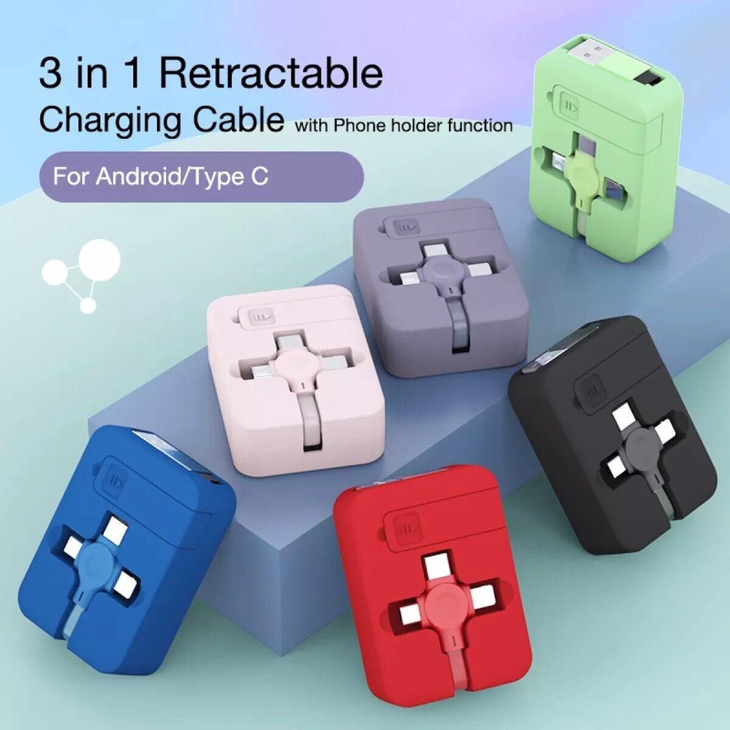 3in1 Macaron Retractable Charging Cable With Bracket Data Cable Fast ...