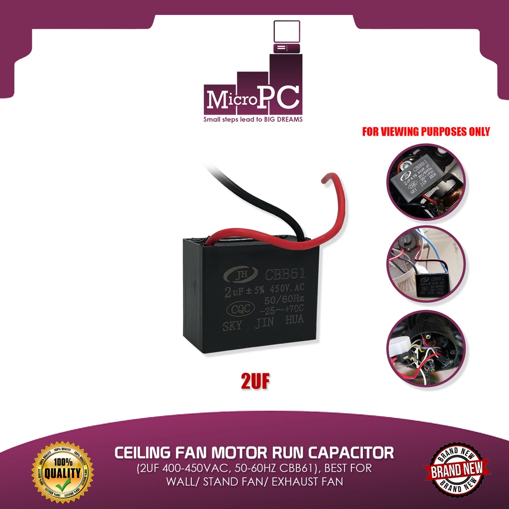 CEILING FAN MOTOR RUN CAPACITOR (2UF 450VAC, 5060HZ CBB61), BEST FOR WALL/ STAND FAN/ EXHAUST